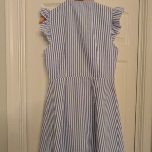 Blue and White Striped Ruffle Sleeve Mini Dress